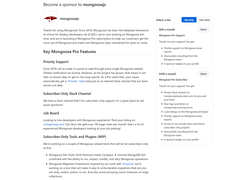 Paid support tiers offered by Mongoose.js.