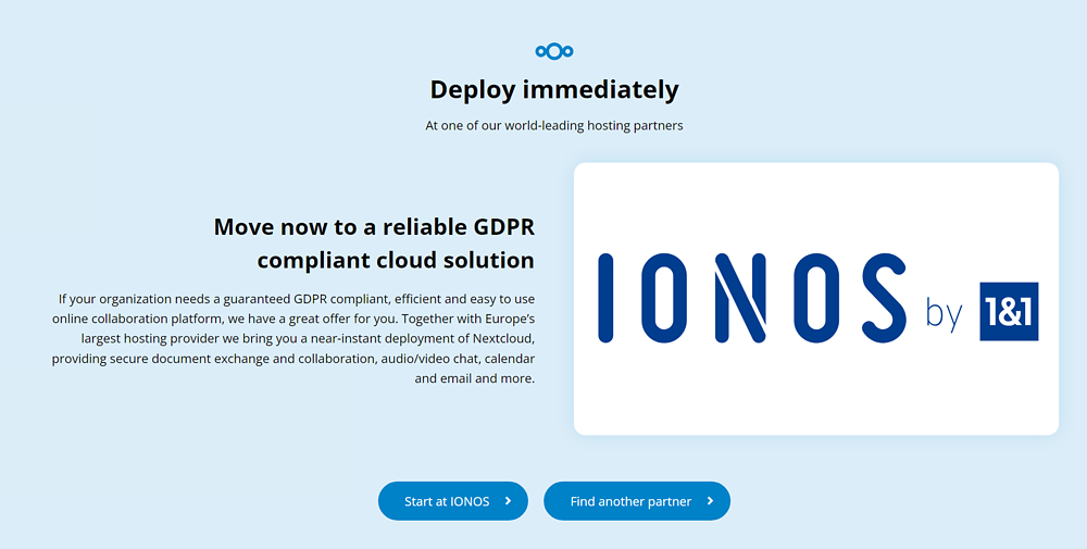 Nextcloud promotes IONOS as their leading hosting partner for enterprise customers.